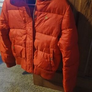 Red Puffer Coat with Gold Accents, Southpole, Size Juniors Large